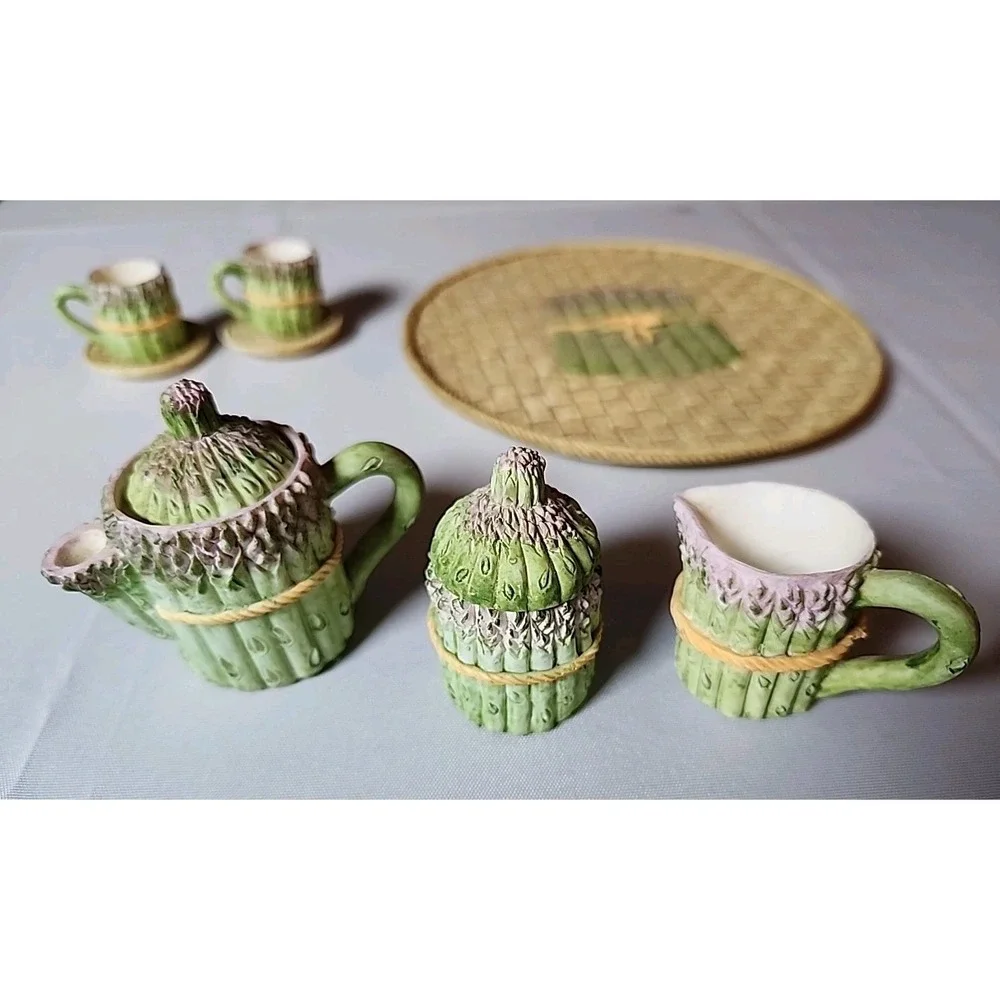 VTG '95 Young's Asparagus Tea Set Doll House Fairy Garden Mini Tea Set Fun Gift
